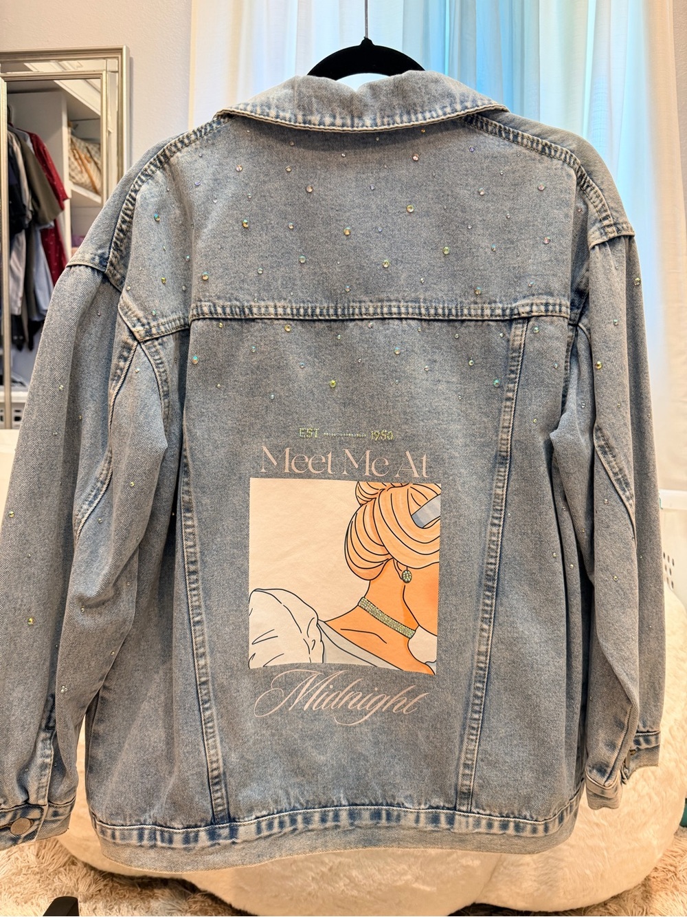 Unique Meet Me At Midnight Light Wash Disney Denim Jacket with Embellished Back